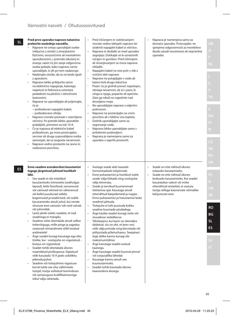 Varnostni nasveti / ohutussoovitused | Electrolux EEWA5110 User Manual | Page 45 / 60