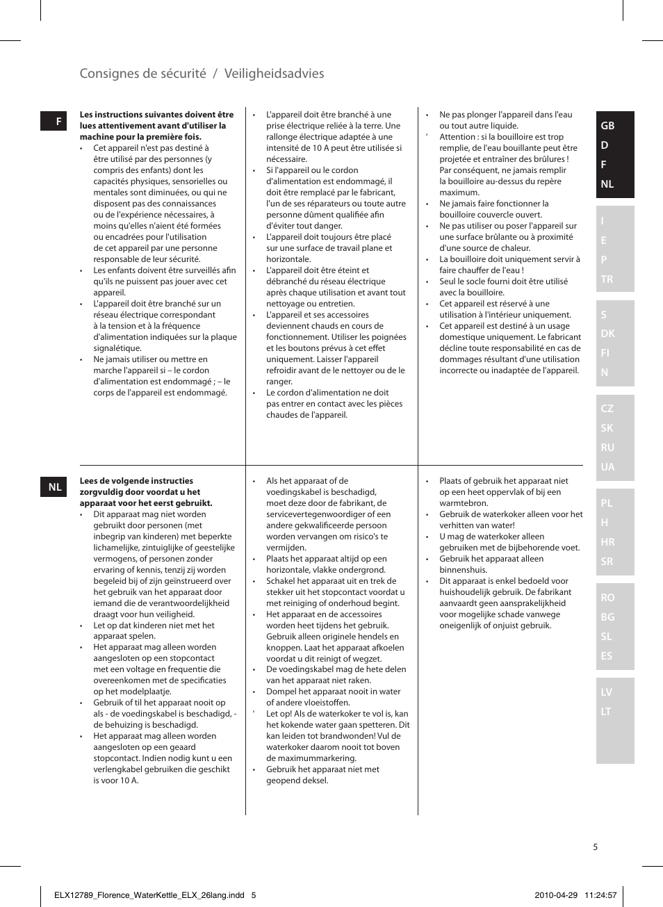 Consignes de sécurité / veiligheidsadvies | Electrolux EEWA5110 User Manual | Page 5 / 60
