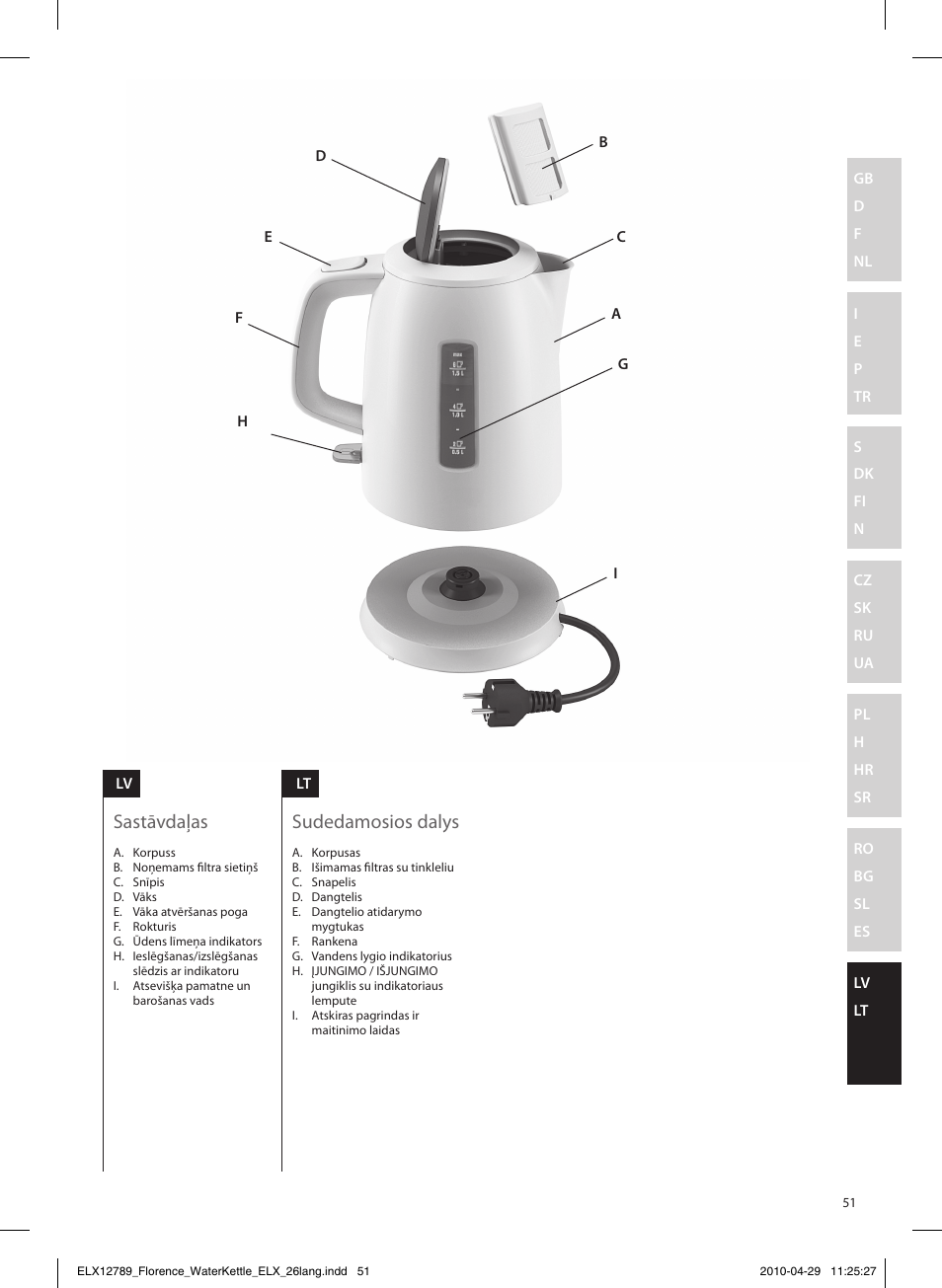 Sastāvdaļas, Sudedamosios dalys | Electrolux EEWA5110 User Manual | Page 51 / 60