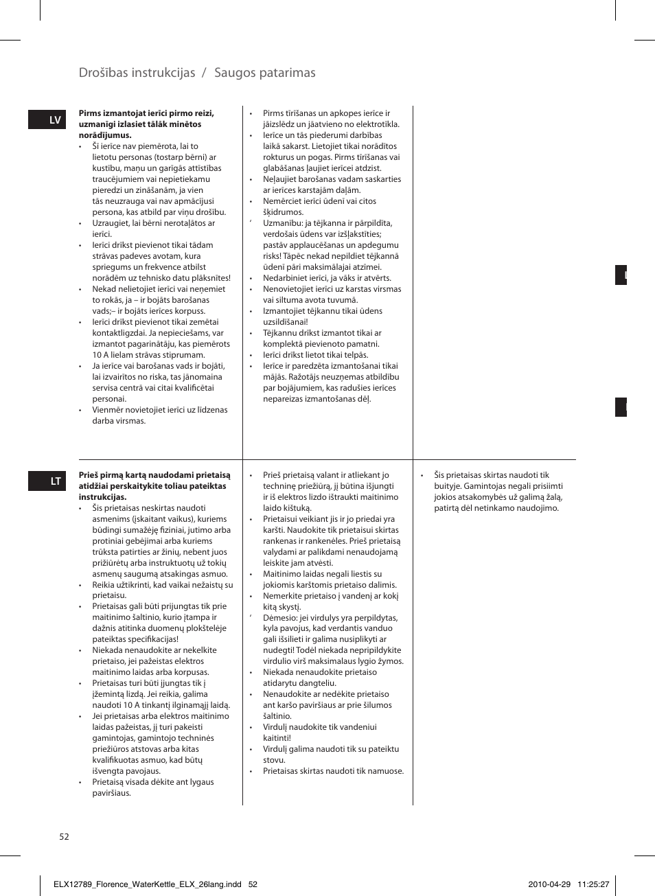 Drošības instrukcijas / saugos patarimas | Electrolux EEWA5110 User Manual | Page 52 / 60