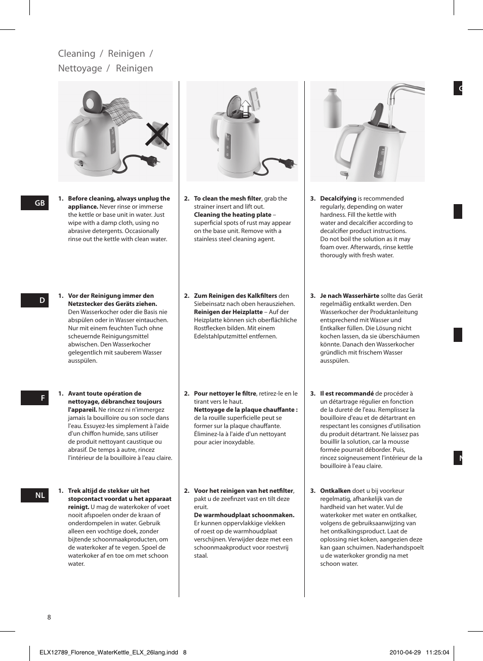 Cleaning / reinigen / nettoyage / reinigen | Electrolux EEWA5110 User Manual | Page 8 / 60