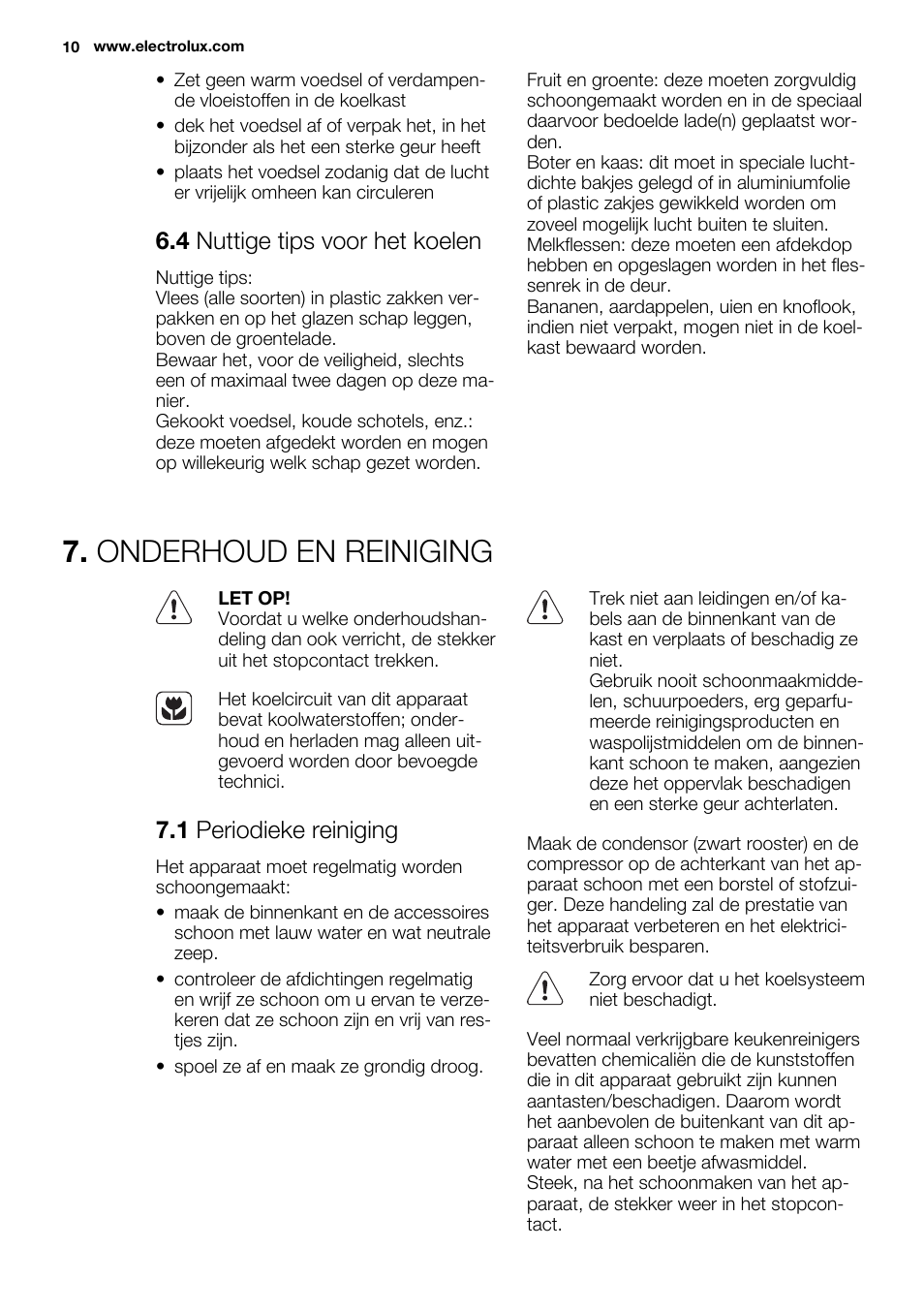 Onderhoud en reiniging, 4 nuttige tips voor het koelen, 1 periodieke reiniging | Electrolux ERF4110AOW User Manual | Page 10 / 72