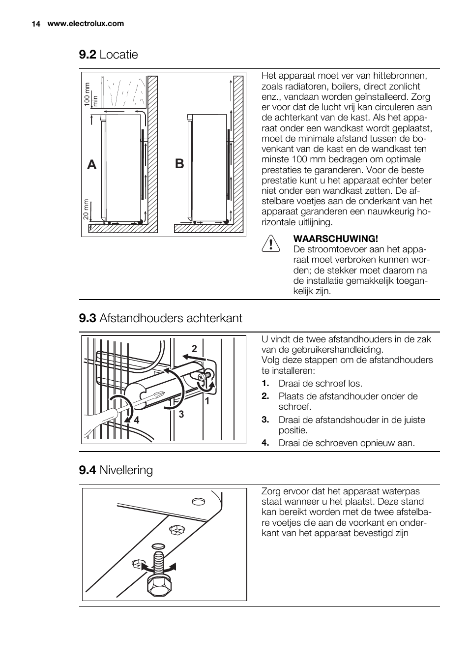 2 locatie, 3 afstandhouders achterkant, 4 nivellering | Electrolux ERF4110AOW User Manual | Page 14 / 72