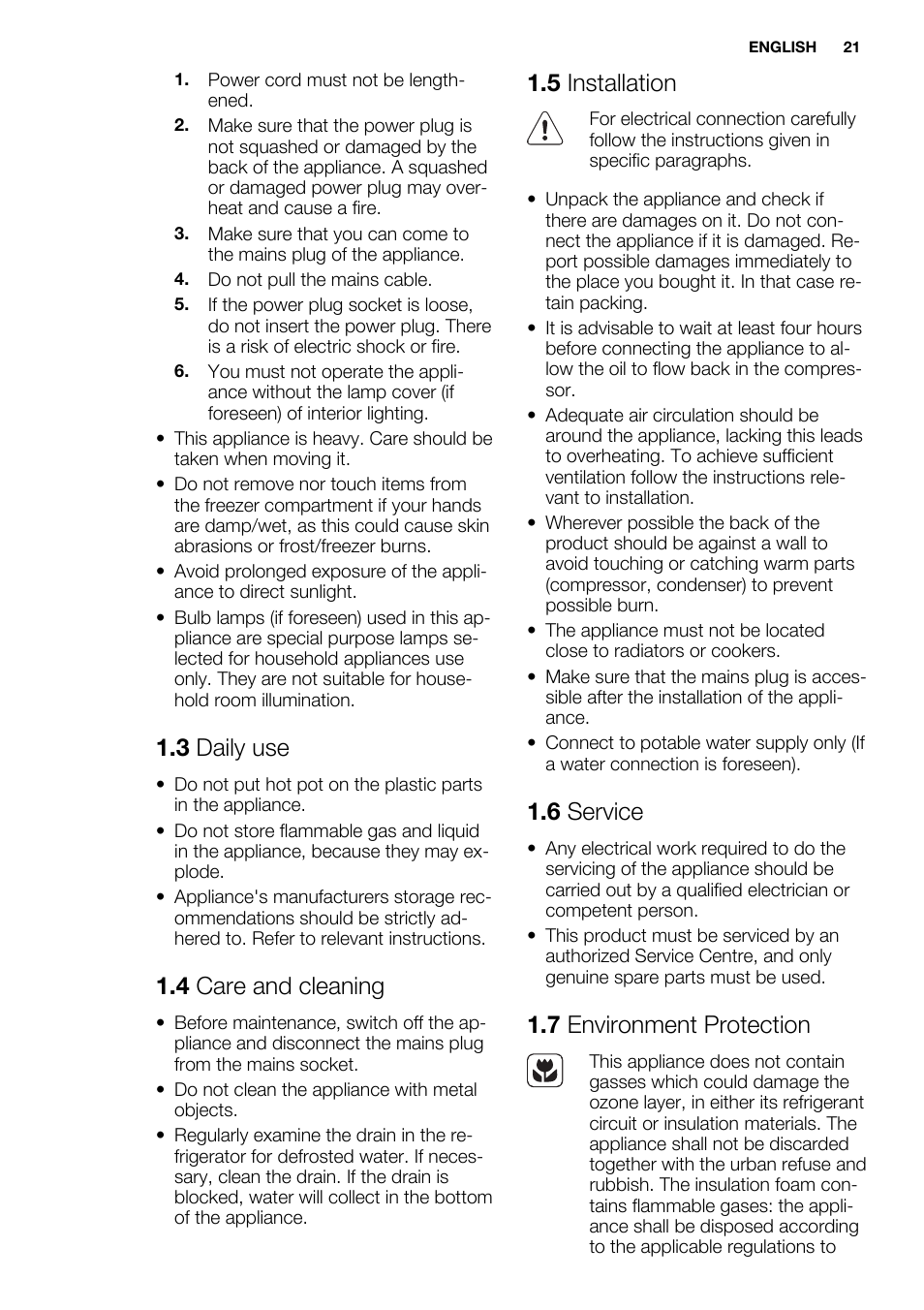 3 daily use, 4 care and cleaning, 5 installation | 6 service, 7 environment protection | Electrolux ERF4110AOW User Manual | Page 21 / 72