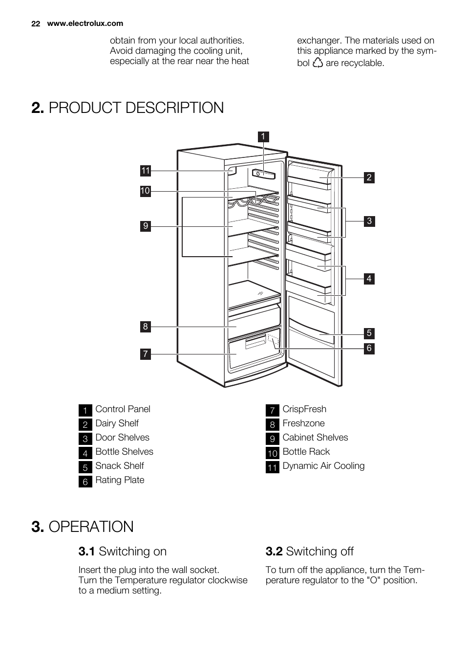 Product description, Operation, 1 switching on | 2 switching off | Electrolux ERF4110AOW User Manual | Page 22 / 72
