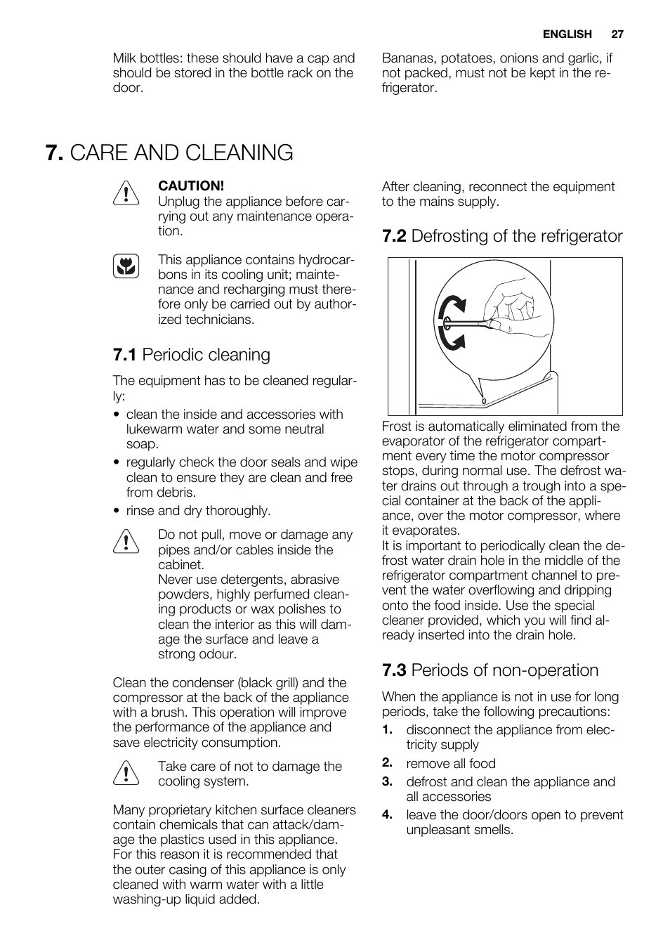 Care and cleaning, 1 periodic cleaning, 2 defrosting of the refrigerator | 3 periods of non-operation | Electrolux ERF4110AOW User Manual | Page 27 / 72