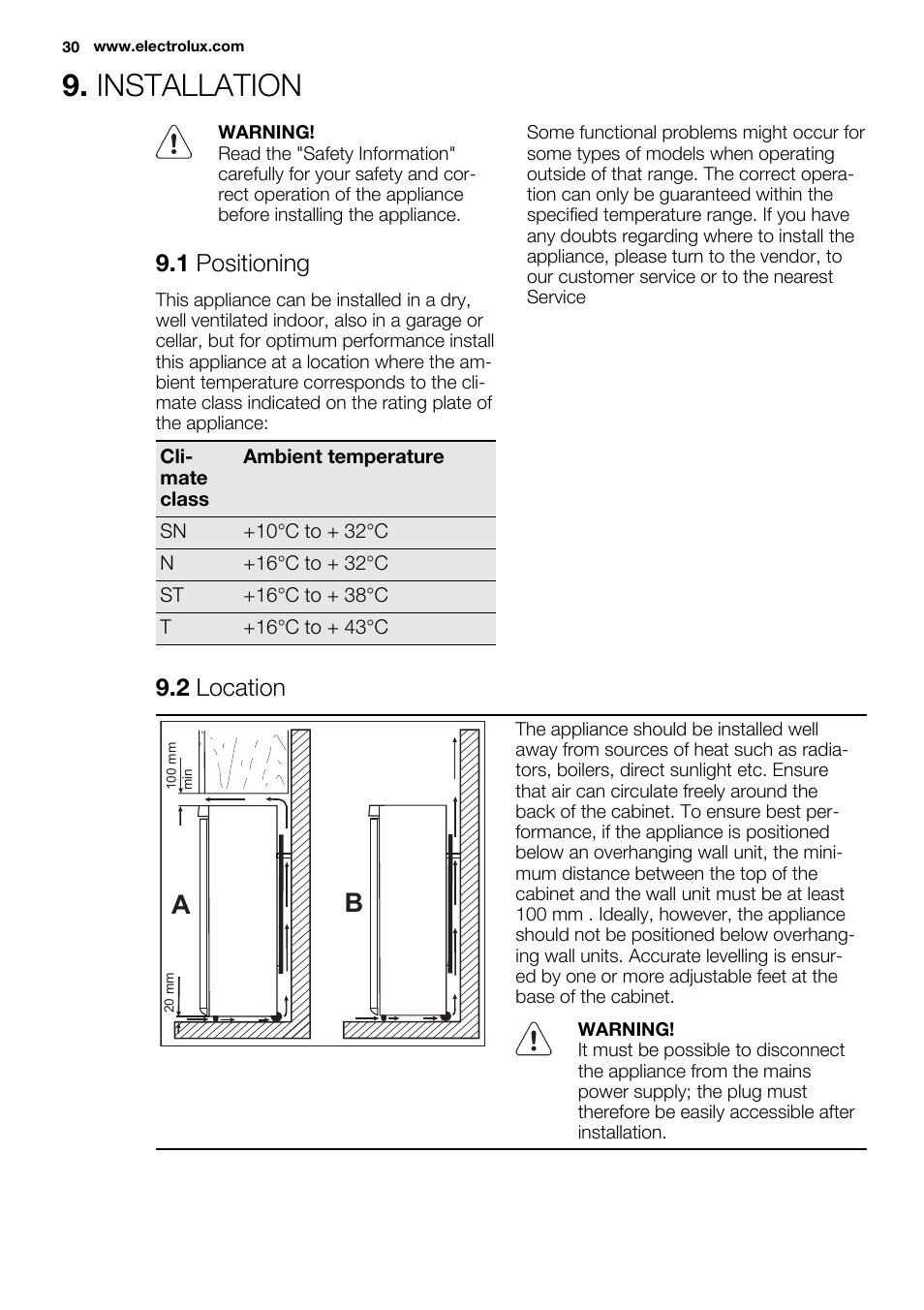 Installation, 1 positioning, 2 location | Electrolux ERF4110AOW User Manual | Page 30 / 72