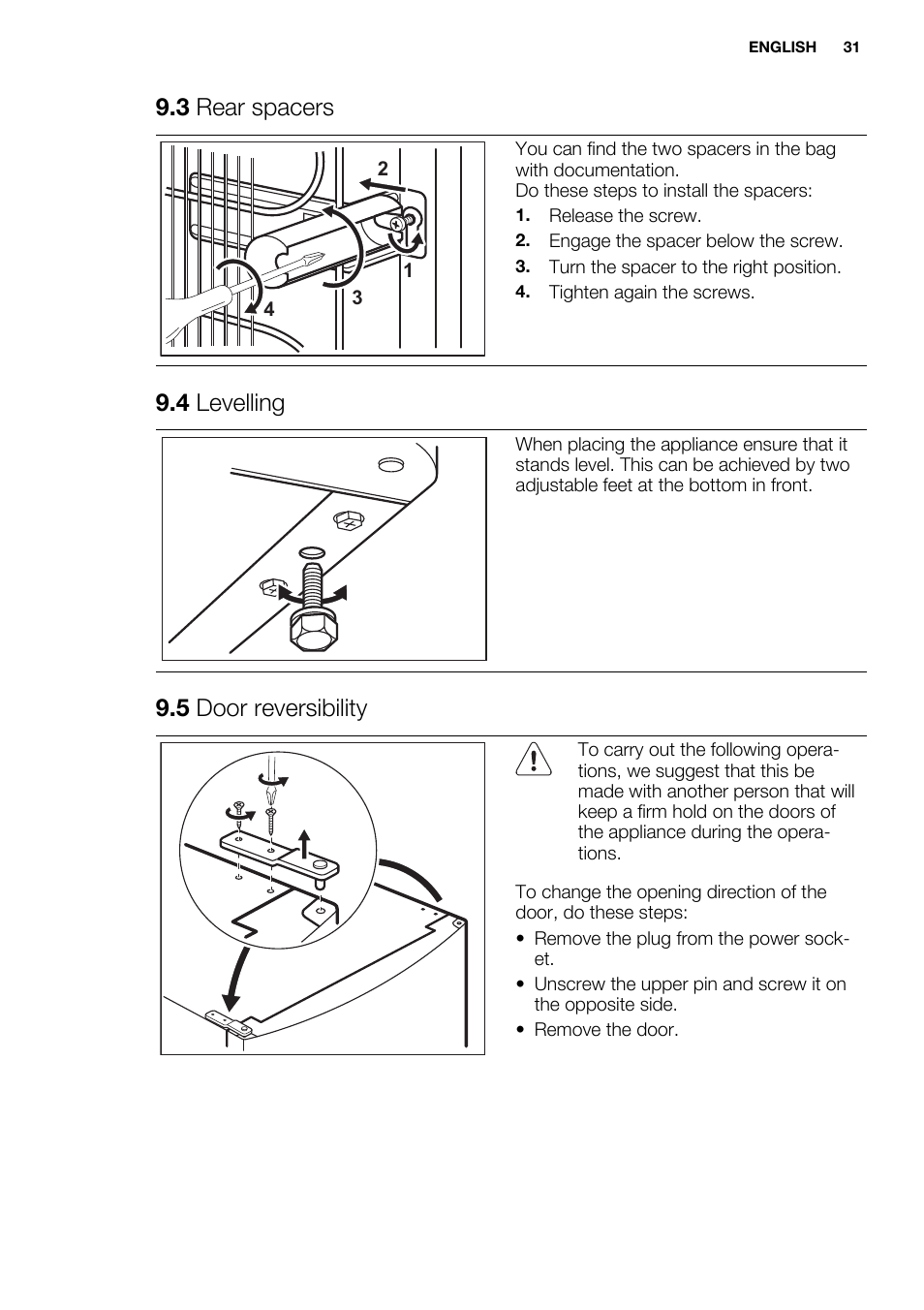 3 rear spacers, 4 levelling, 5 door reversibility | Electrolux ERF4110AOW User Manual | Page 31 / 72