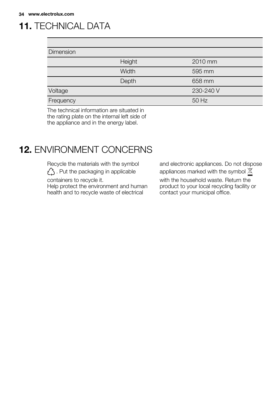 Technical data, Environment concerns | Electrolux ERF4110AOW User Manual | Page 34 / 72