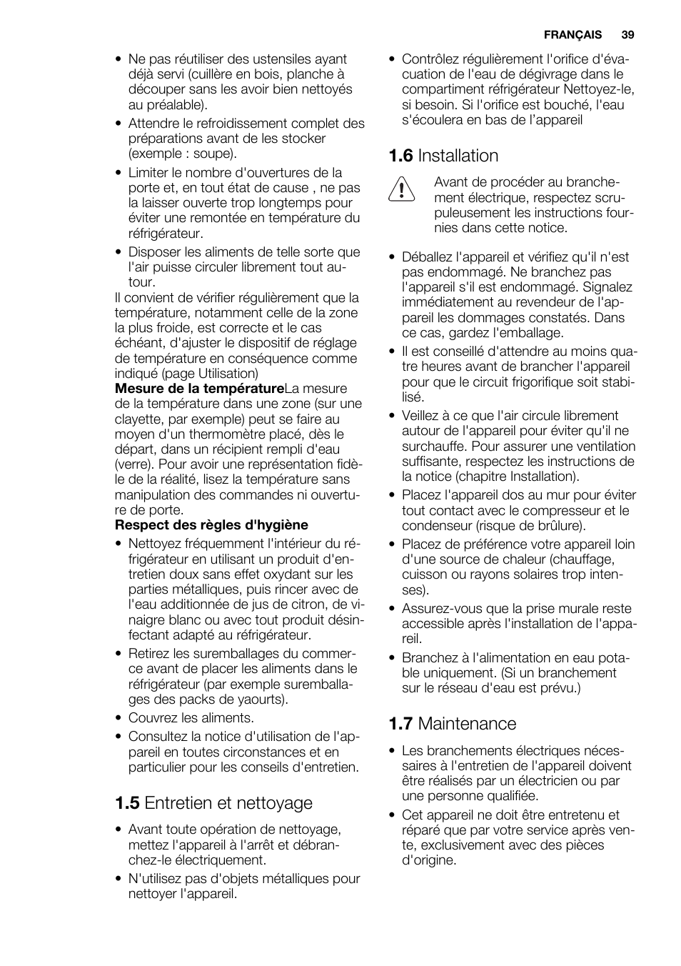5 entretien et nettoyage, 6 installation, 7 maintenance | Electrolux ERF4110AOW User Manual | Page 39 / 72
