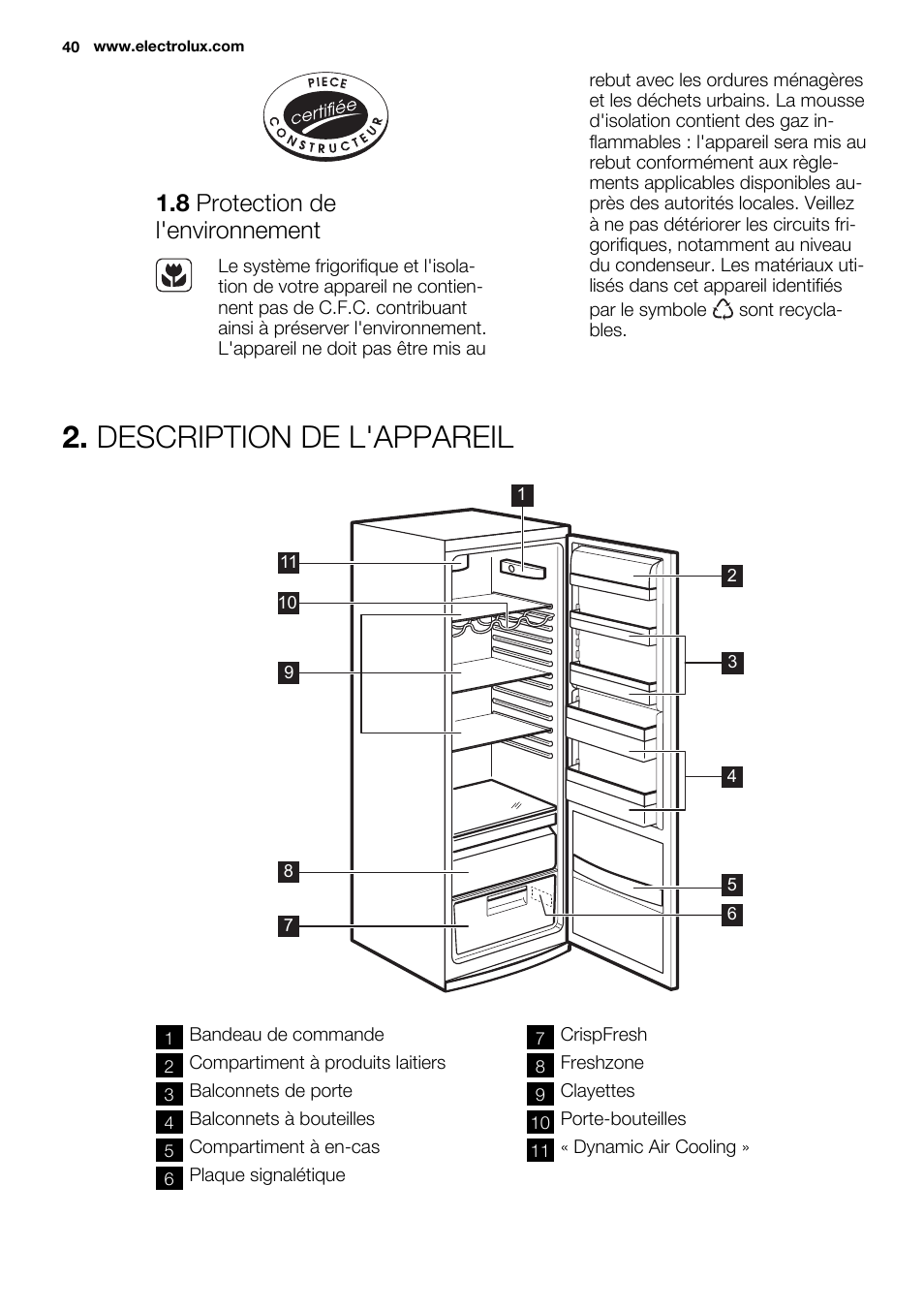 Description de l'appareil, 8 protection de l'environnement | Electrolux ERF4110AOW User Manual | Page 40 / 72