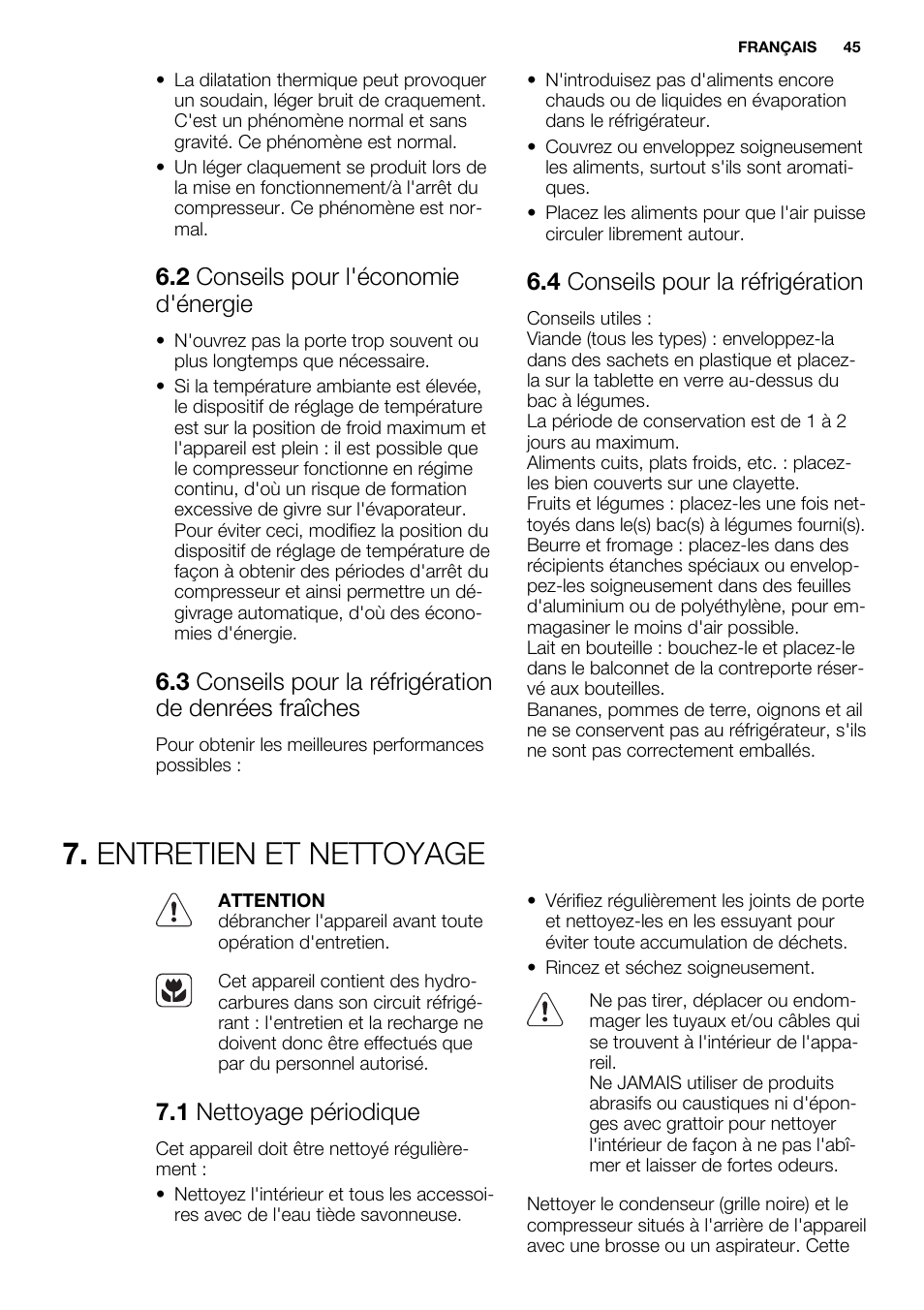 Entretien et nettoyage, 2 conseils pour l'économie d'énergie, 4 conseils pour la réfrigération | 1 nettoyage périodique | Electrolux ERF4110AOW User Manual | Page 45 / 72