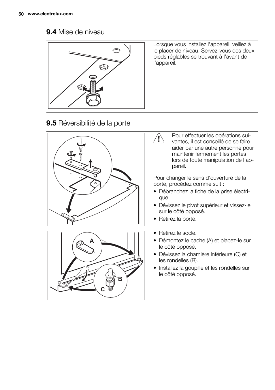 4 mise de niveau, 5 réversibilité de la porte | Electrolux ERF4110AOW User Manual | Page 50 / 72