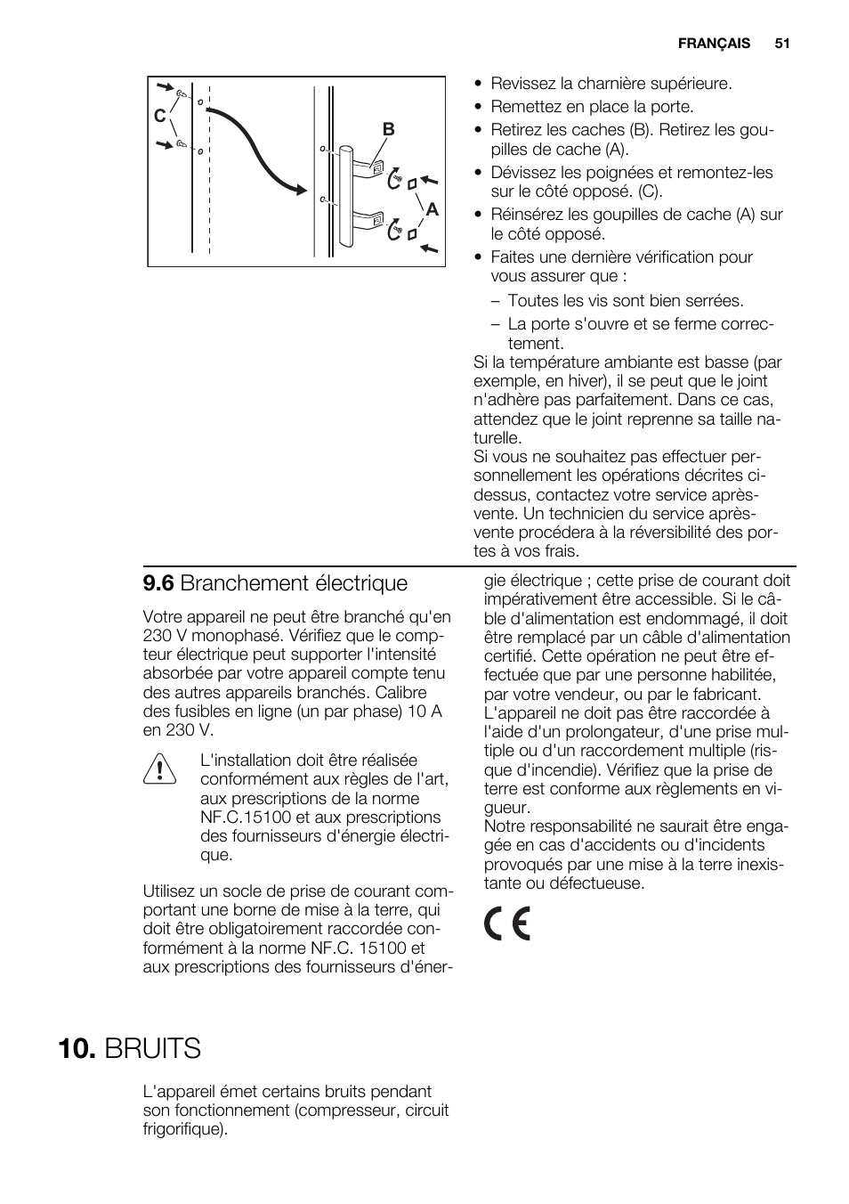 Bruits, 6 branchement électrique | Electrolux ERF4110AOW User Manual | Page 51 / 72