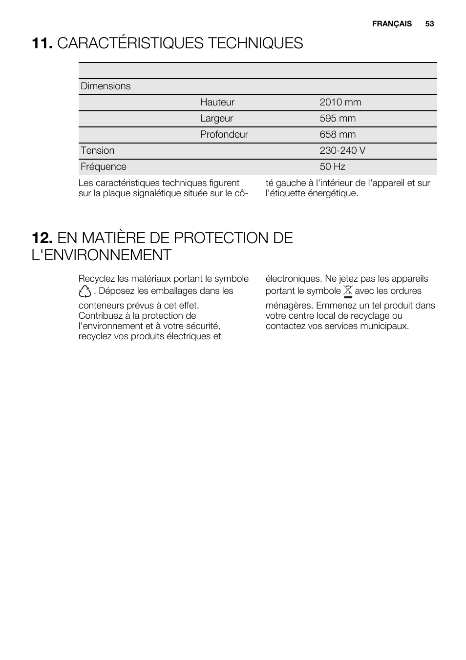 Caractéristiques techniques, En matière de protection de l'environnement | Electrolux ERF4110AOW User Manual | Page 53 / 72