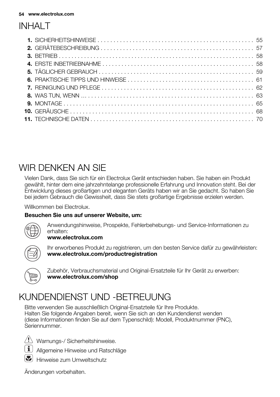 Inhalt, Wir denken an sie, Kundendienst und -betreuung | Electrolux ERF4110AOW User Manual | Page 54 / 72