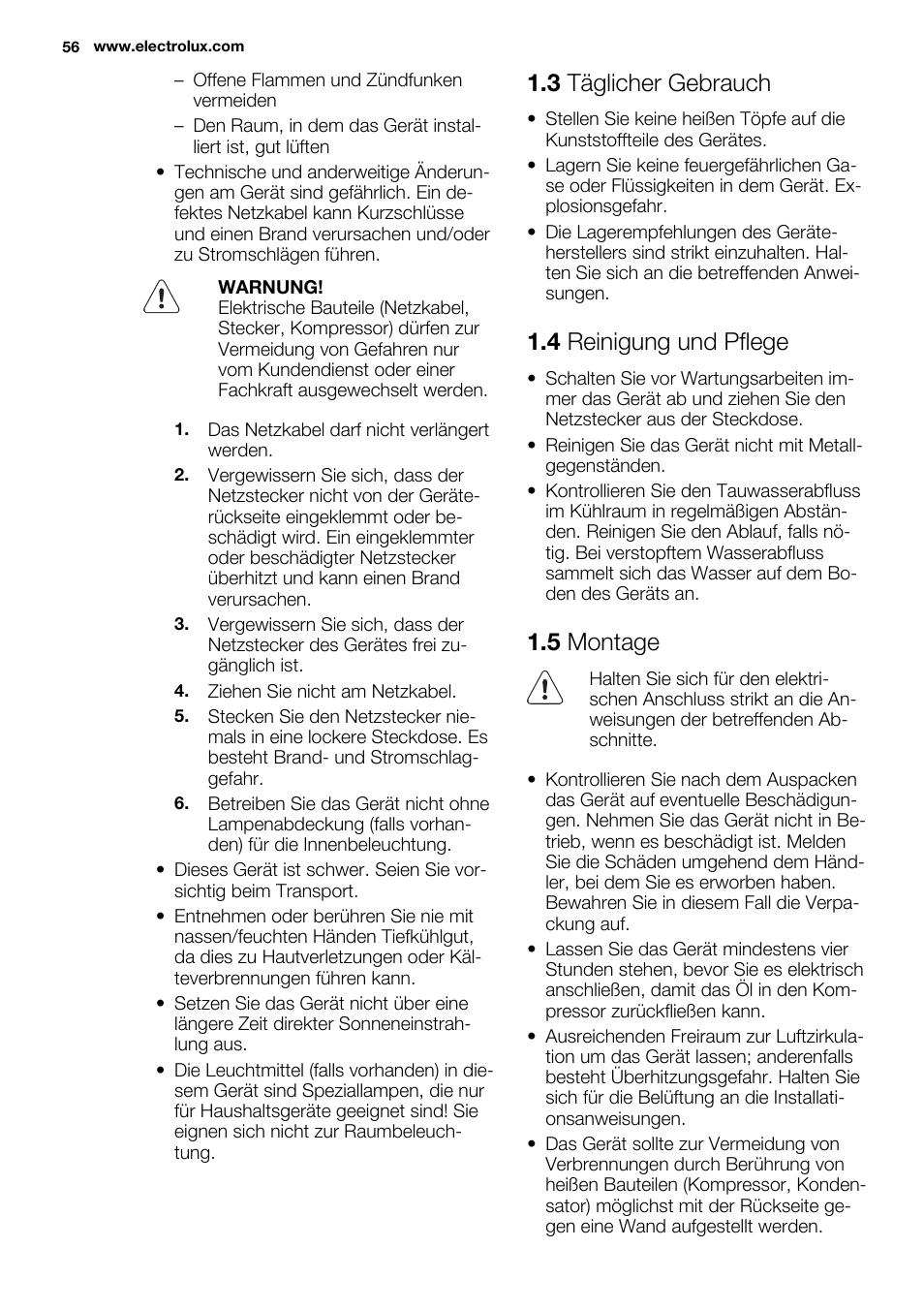 3 täglicher gebrauch, 4 reinigung und pflege, 5 montage | Electrolux ERF4110AOW User Manual | Page 56 / 72