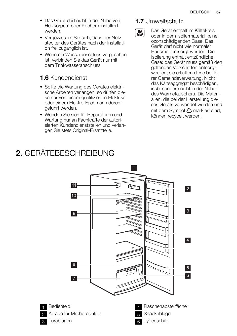 Gerätebeschreibung, 6 kundendienst, 7 umweltschutz | Electrolux ERF4110AOW User Manual | Page 57 / 72