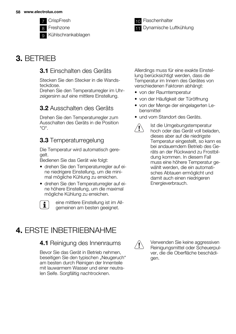 Betrieb, Erste inbetriebnahme, 1 einschalten des geräts | 2 ausschalten des geräts, 3 temperaturregelung, 1 reinigung des innenraums | Electrolux ERF4110AOW User Manual | Page 58 / 72