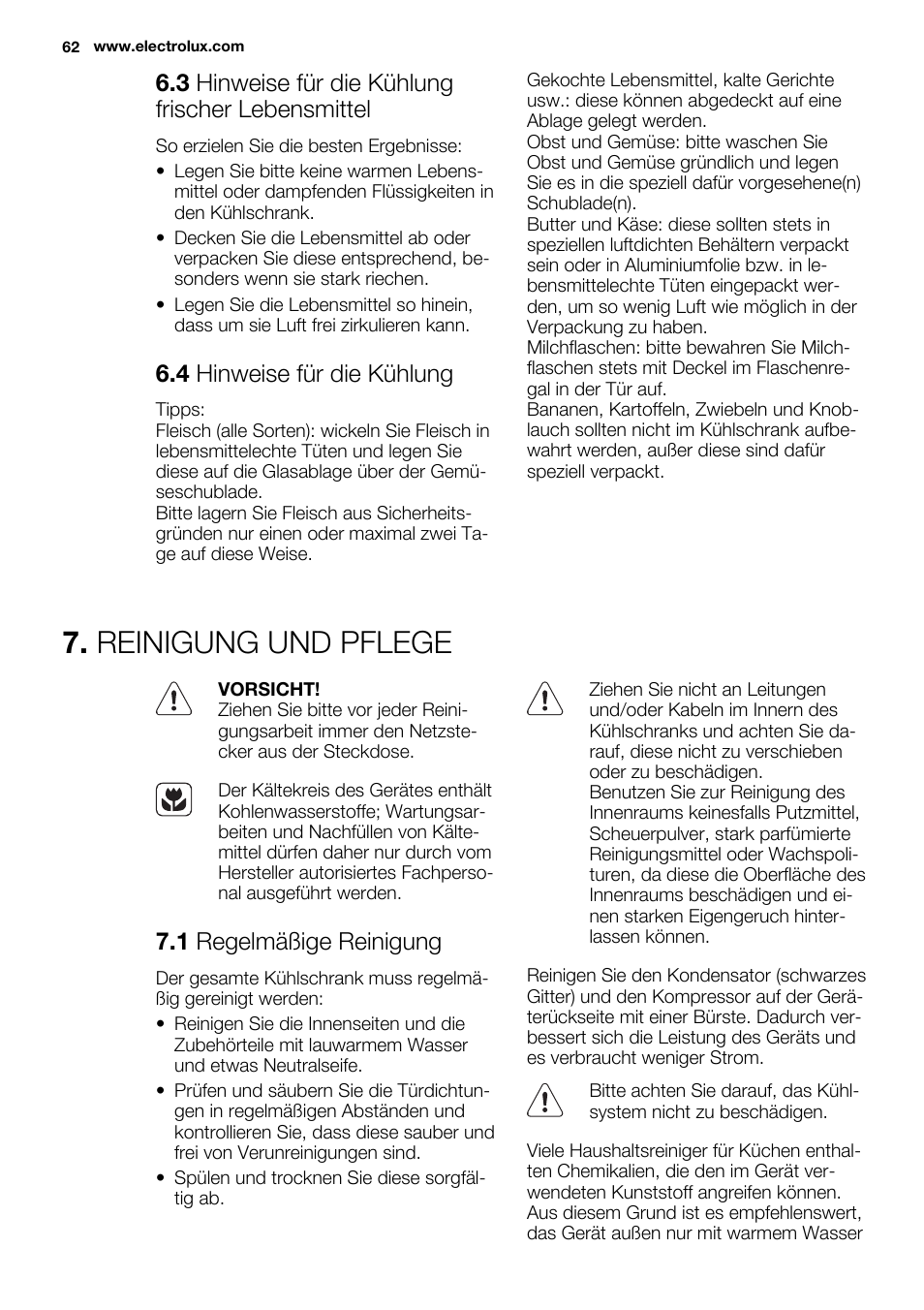 Reinigung und pflege, 3 hinweise für die kühlung frischer lebensmittel, 4 hinweise für die kühlung | 1 regelmäßige reinigung | Electrolux ERF4110AOW User Manual | Page 62 / 72