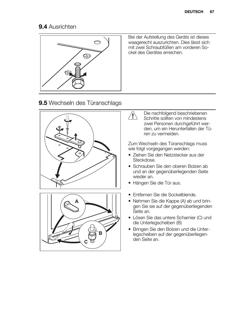 4 ausrichten, 5 wechseln des türanschlags | Electrolux ERF4110AOW User Manual | Page 67 / 72