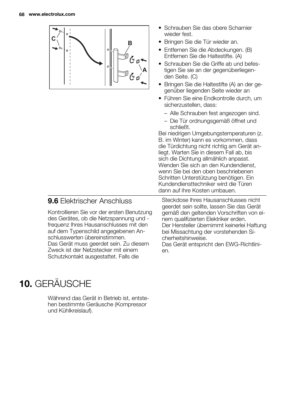 Geräusche, 6 elektrischer anschluss | Electrolux ERF4110AOW User Manual | Page 68 / 72