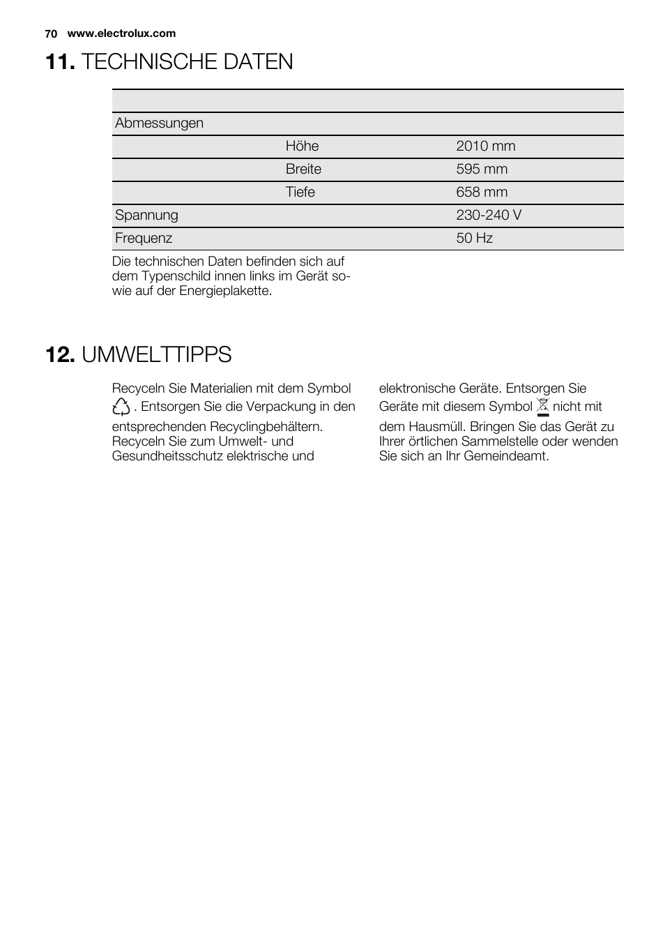 Technische daten, Umwelttipps | Electrolux ERF4110AOW User Manual | Page 70 / 72