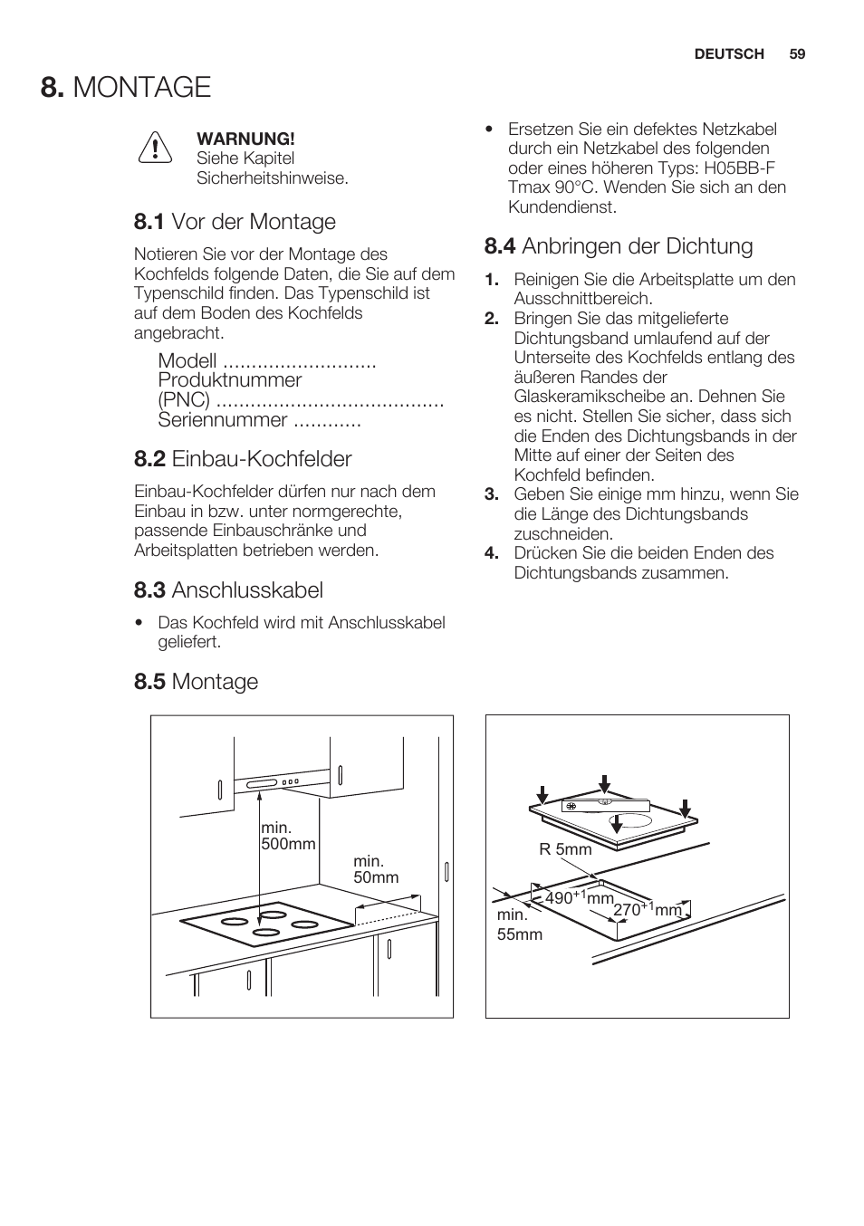 Montage, 1 vor der montage, 2 einbau-kochfelder | 3 anschlusskabel, 4 anbringen der dichtung, 5 montage | Electrolux EHF3320FOK User Manual | Page 59 / 64