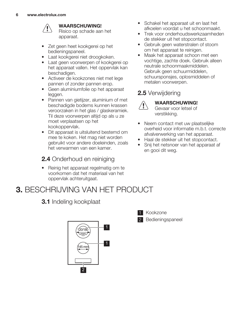 4 onderhoud en reiniging, 5 verwijdering, Beschrijving van het product | 1 indeling kookplaat | Electrolux EHF3320FOK User Manual | Page 6 / 64