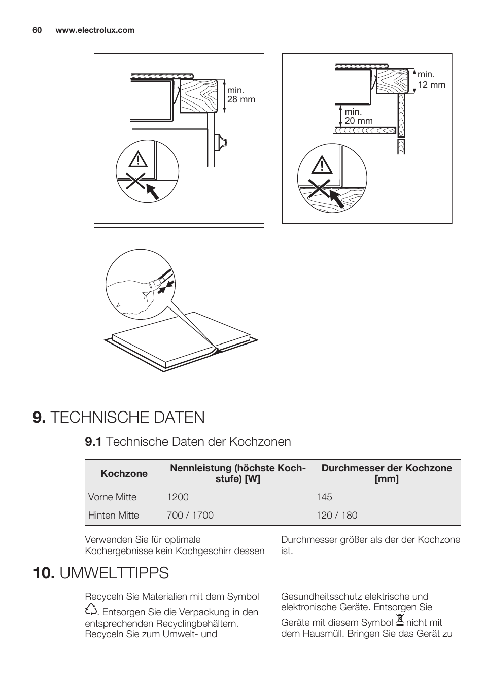Technische daten, 1 technische daten der kochzonen, Umwelttipps | Electrolux EHF3320FOK User Manual | Page 60 / 64