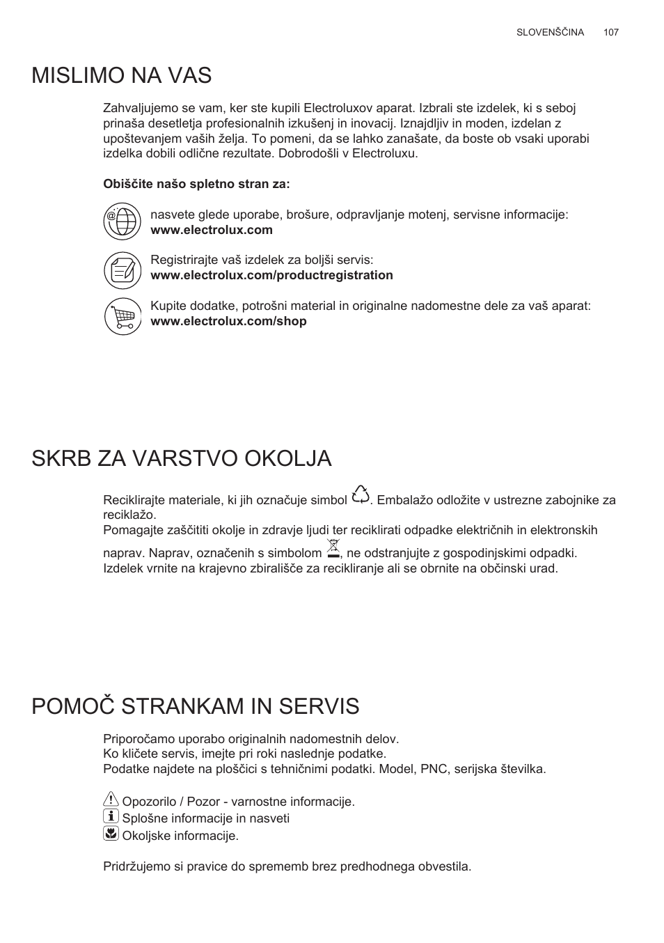 Mislimo na vas, Skrb za varstvo okolja, Pomoč strankam in servis | Electrolux EFG50300X User Manual | Page 107 / 156