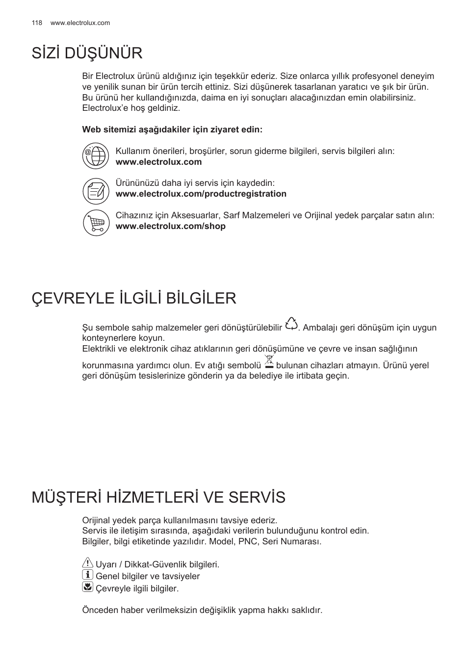 Sizi düşünür, Çevreyle ilgili bilgiler, Müşteri hizmetleri ve servis | Electrolux EFG50300X User Manual | Page 118 / 156