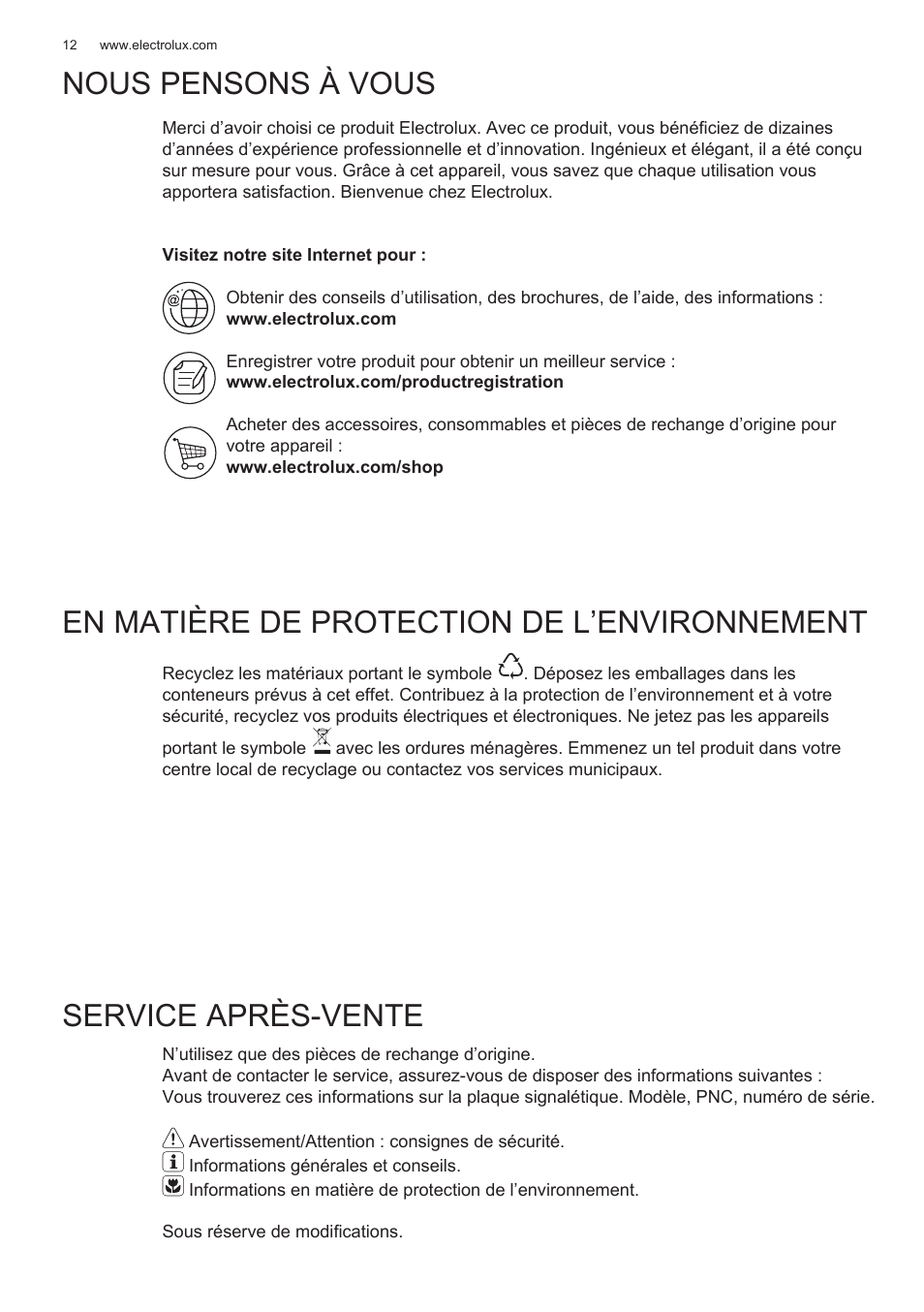 Nous pensons à vous, En matière de protection de l’environnement, Service après-vente | Electrolux EFG50300X User Manual | Page 12 / 156