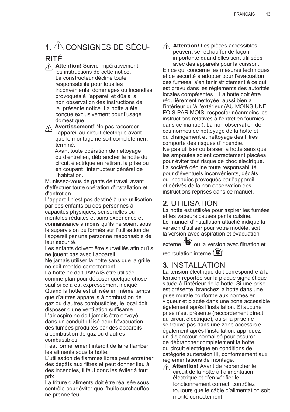 Consignes de sécu- rité, Utilisation, Installation | Electrolux EFG50300X User Manual | Page 13 / 156