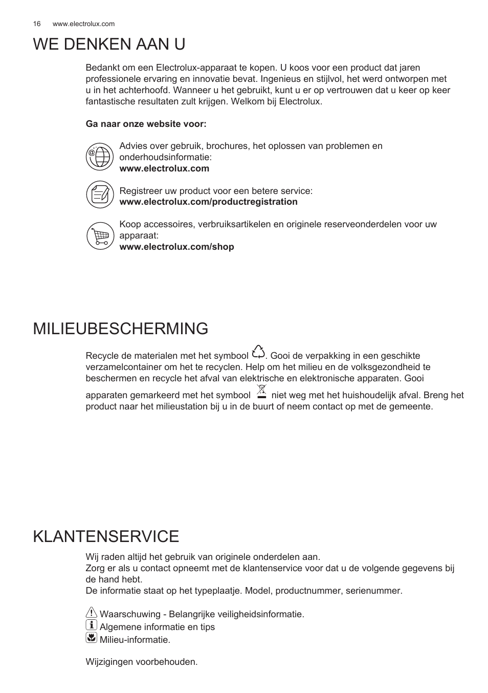 We denken aan u, Milieubescherming, Klantenservice | Electrolux EFG50300X User Manual | Page 16 / 156