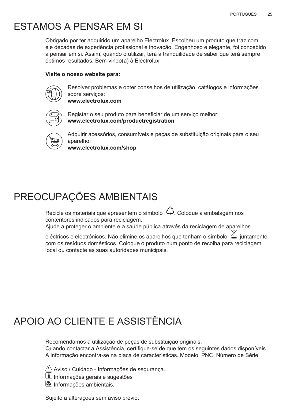 Estamos a pensar em si, Preocupações ambientais, Apoio ao cliente e assistência | Electrolux EFG50300X User Manual | Page 25 / 156