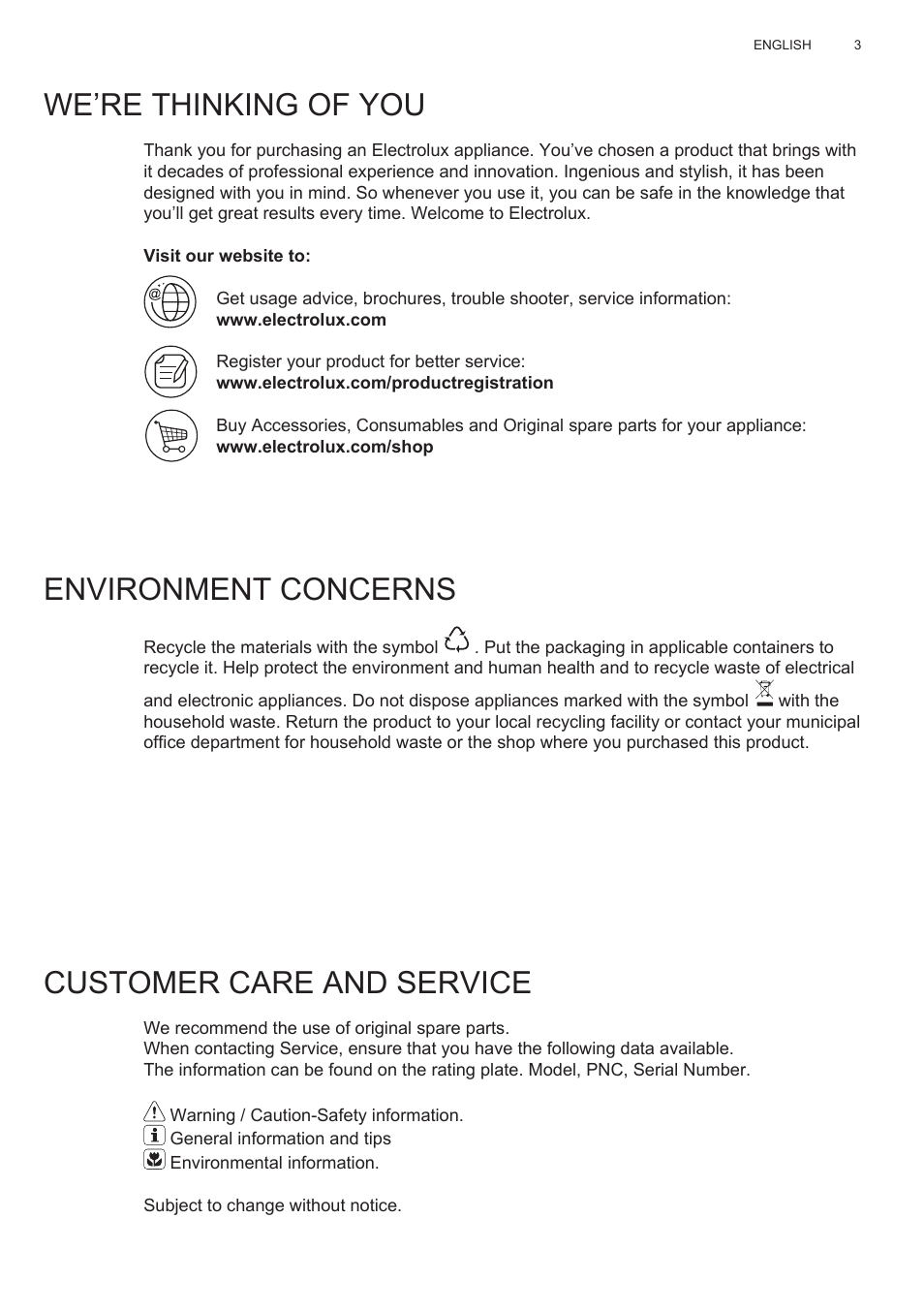 We’re thinking of you, Environment concerns, Customer care and service | Electrolux EFG50300X User Manual | Page 3 / 156