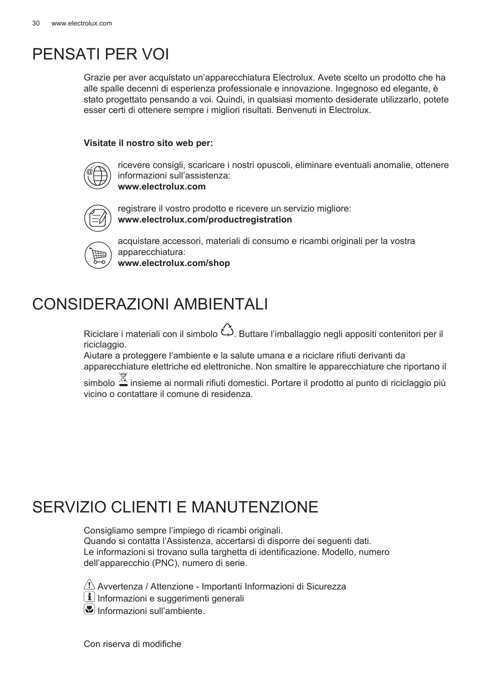 Pensati per voi, Considerazioni ambientali, Servizio clienti e manutenzione | Electrolux EFG50300X User Manual | Page 30 / 156