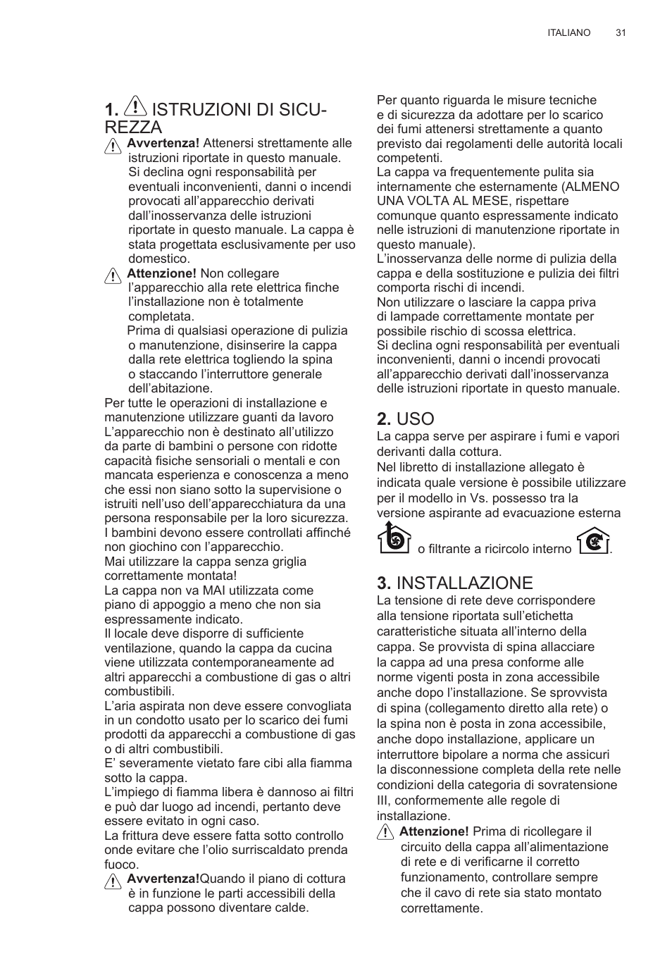 Istruzioni di sicu- rezza, Installazione | Electrolux EFG50300X User Manual | Page 31 / 156