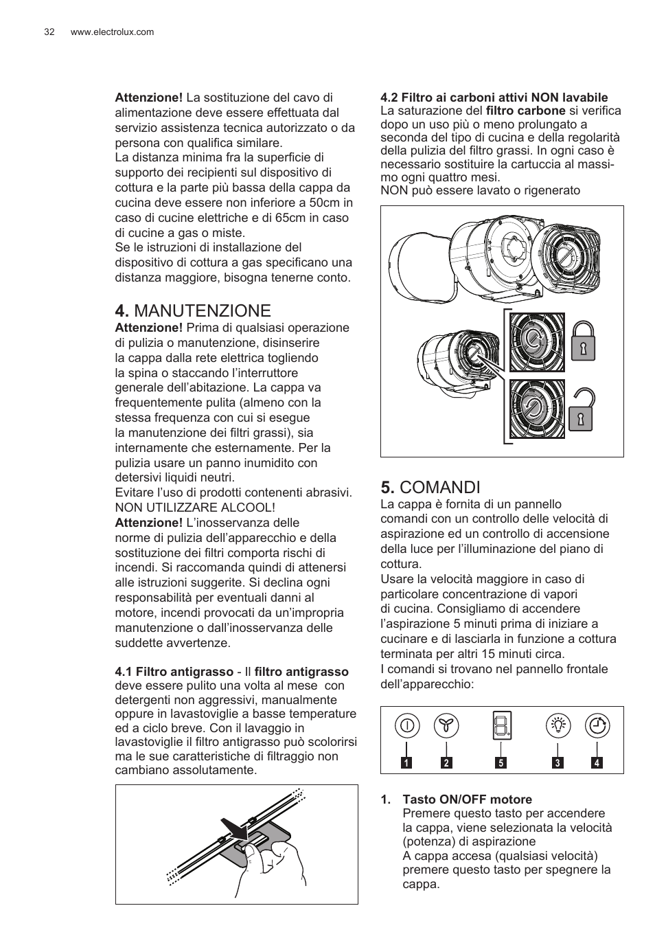 Manutenzione, Comandi | Electrolux EFG50300X User Manual | Page 32 / 156