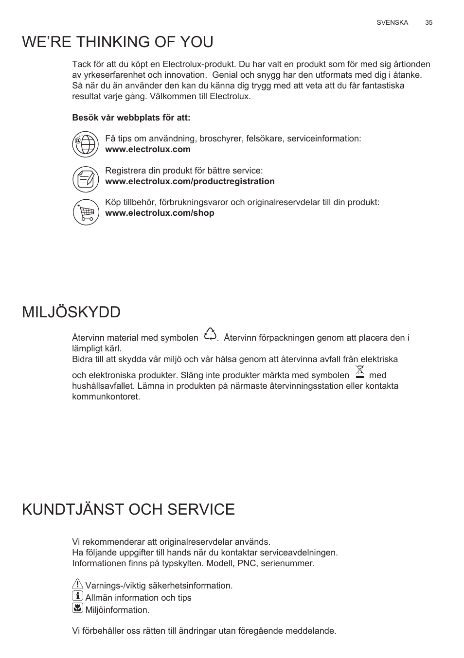 We’re thinking of you, Miljöskydd, Kundtjänst och service | Electrolux EFG50300X User Manual | Page 35 / 156