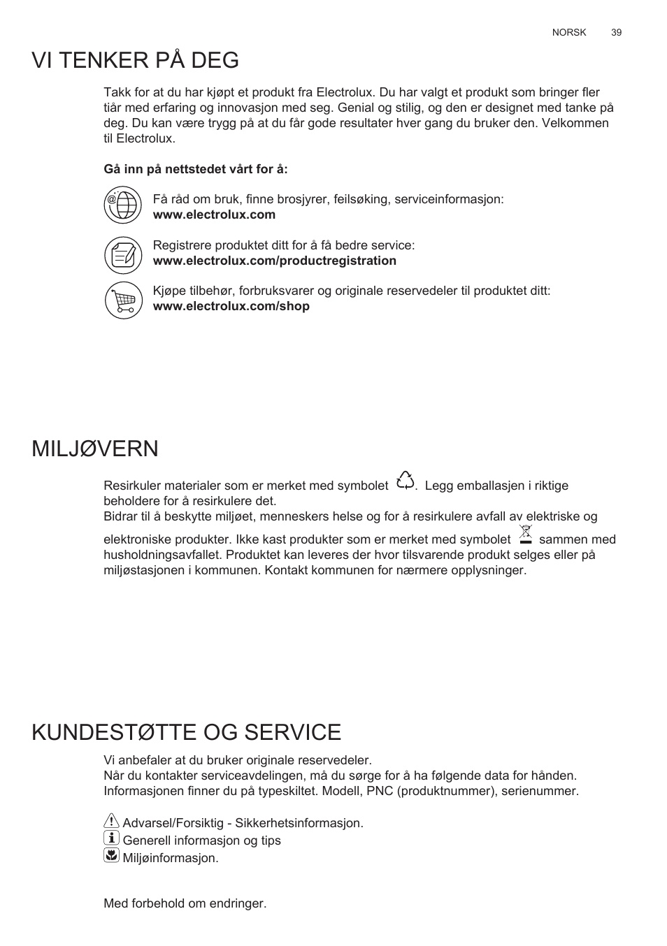 Vi tenker på deg, Miljøvern, Kundestøtte og service | Electrolux EFG50300X User Manual | Page 39 / 156