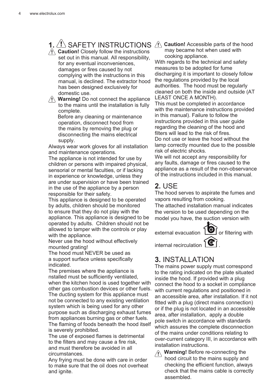 Safety instructions, Installation | Electrolux EFG50300X User Manual | Page 4 / 156