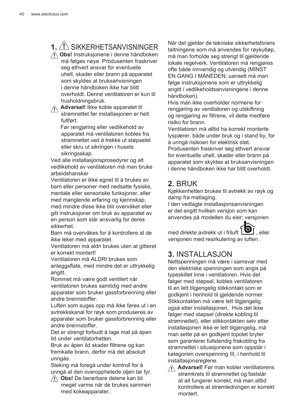 Sikkerhetsanvisninger, Bruk, Installasjon | Electrolux EFG50300X User Manual | Page 40 / 156