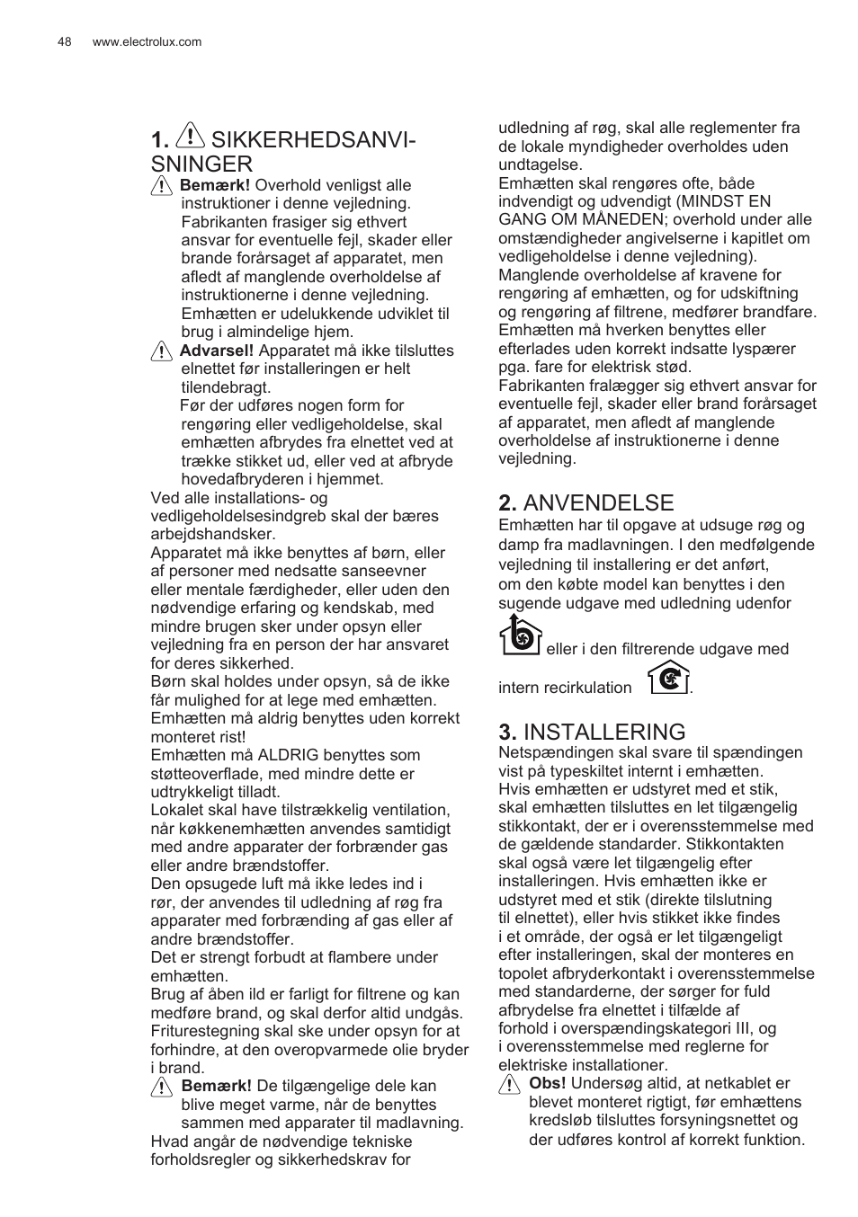 Sikkerhedsanvi- sninger, Anvendelse, Installering | Electrolux EFG50300X User Manual | Page 48 / 156