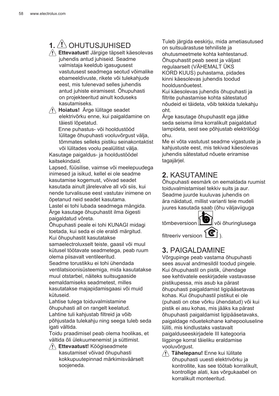 Ohutusjuhised, Kasutamine, Paigaldamine | Electrolux EFG50300X User Manual | Page 58 / 156