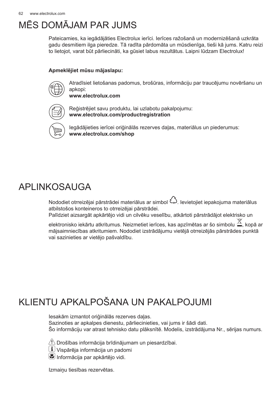 Mēs domājam par jums aplinkosauga, Klientu apkalpošana un pakalpojumi | Electrolux EFG50300X User Manual | Page 62 / 156