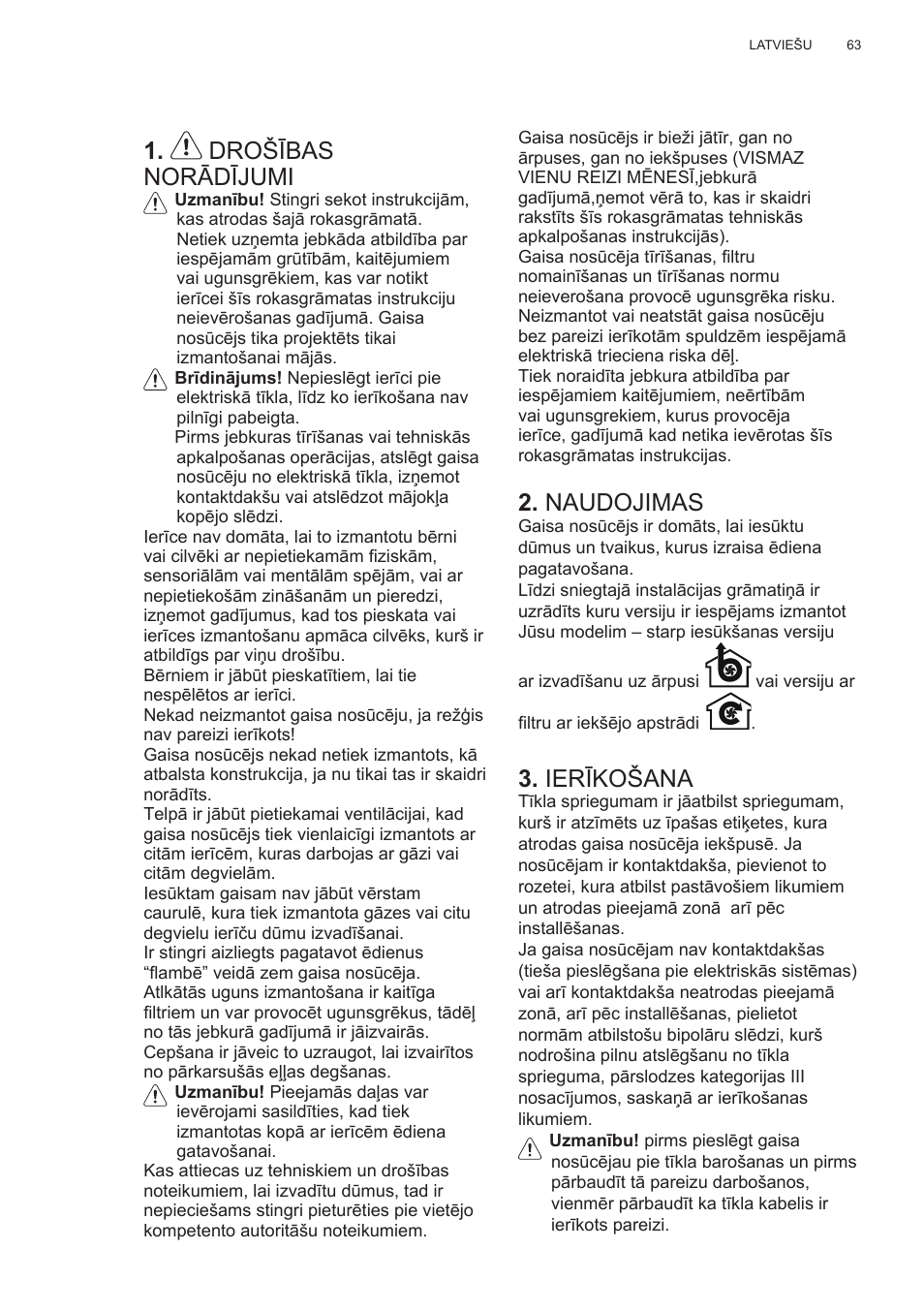 Drošības norādījumi, Naudojimas, Ierīkošana | Electrolux EFG50300X User Manual | Page 63 / 156