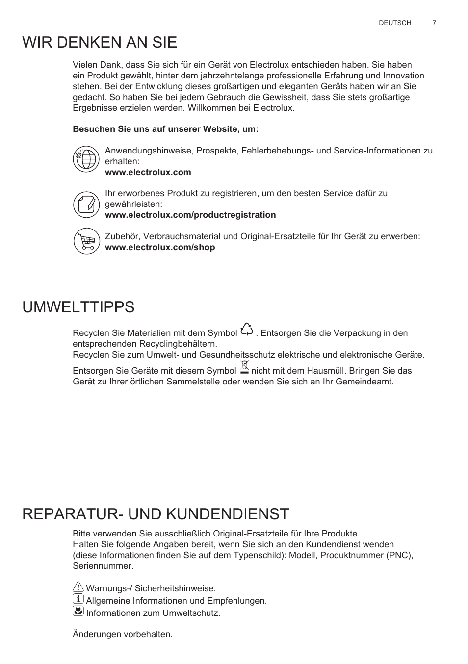 Wir denken an sie, Umwelttipps, Reparatur- und kundendienst | Electrolux EFG50300X User Manual | Page 7 / 156