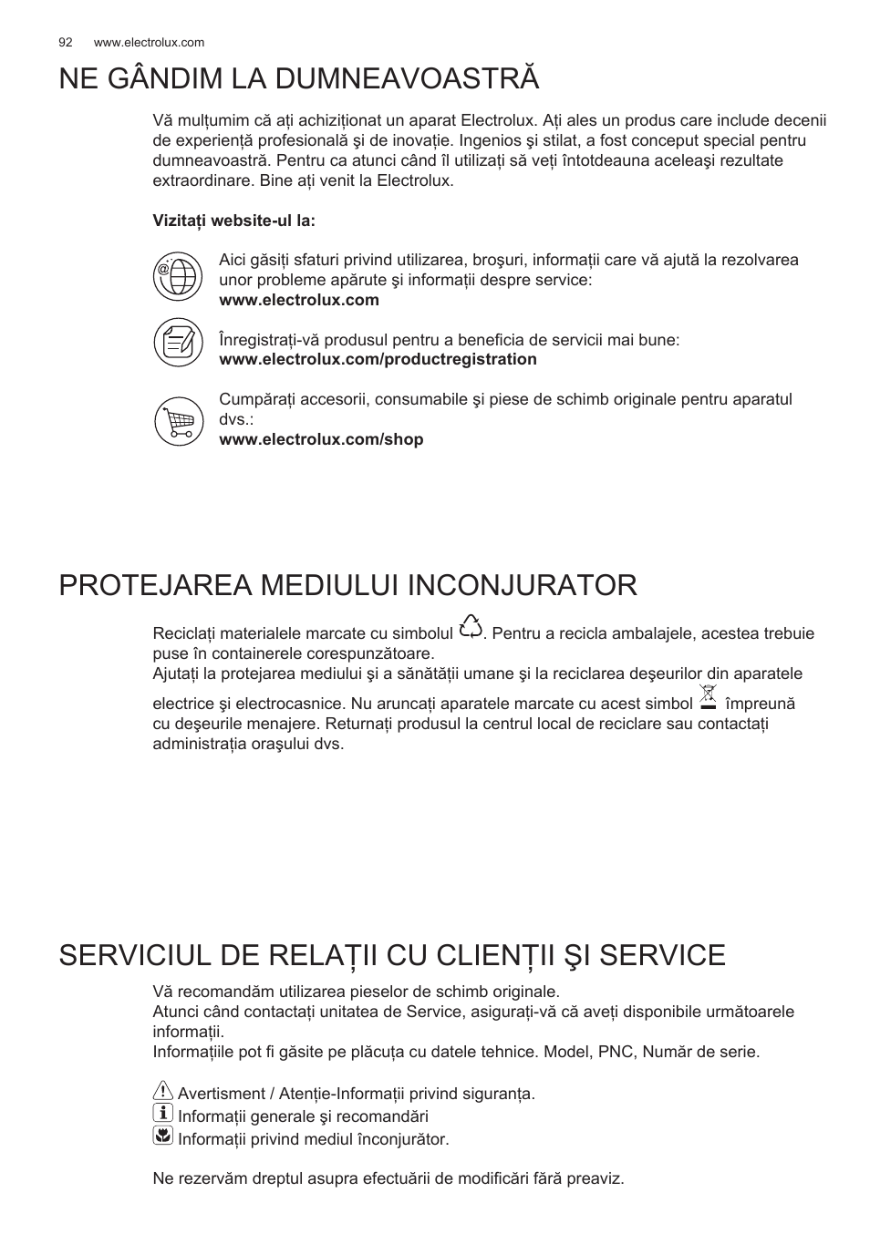 Ne gândim la dumneavoastră, Protejarea mediului inconjurator, Serviciul de relaţii cu clienţii şi service | Electrolux EFG50300X User Manual | Page 92 / 156